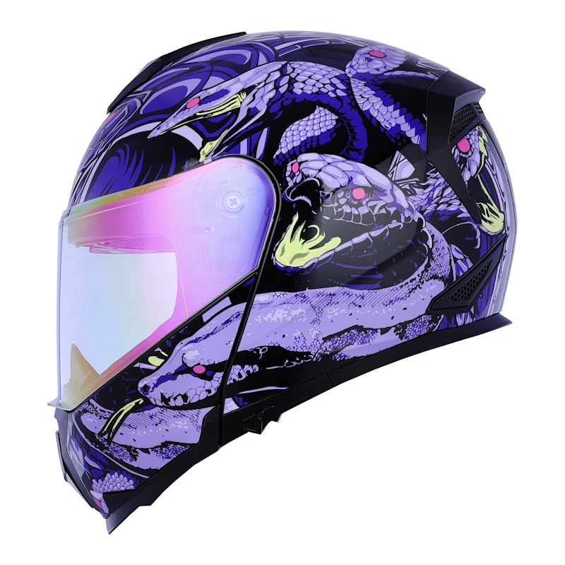 CASCO RODA REVENGE PRO SERPENT KINGS MORADO TALLA CHICA ABATIBLE MICA MORADA TORNASOL CERT. DOT